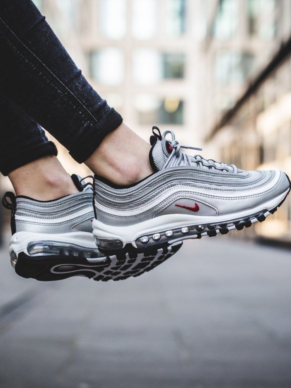 Nike Women’s Air Max 97 Silver Bullet Sneakers - Silver with Red Swoosh